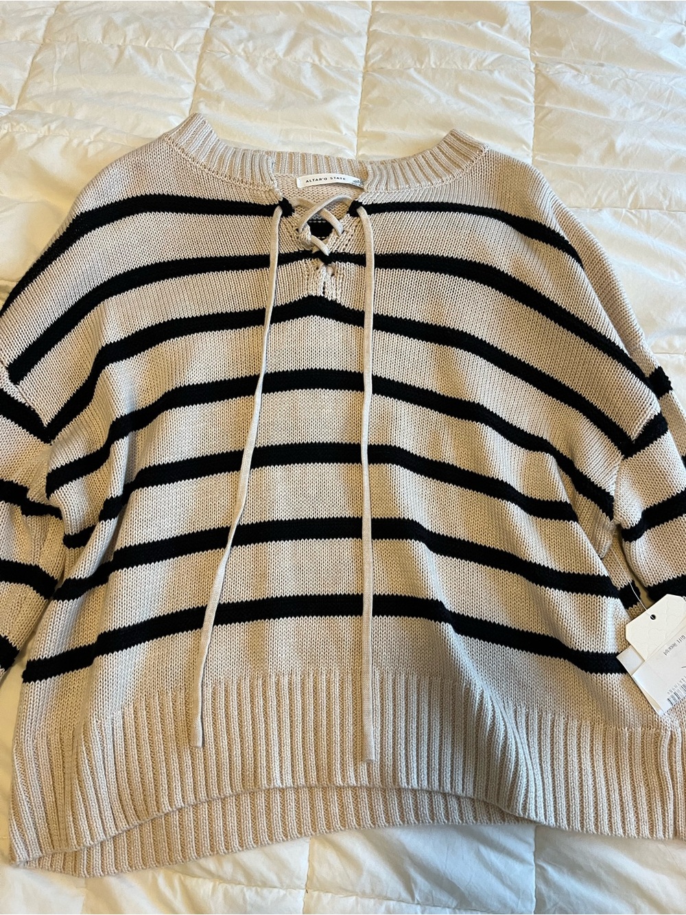 Altar'd State NWT Striped Lace-Up Crew Sweater in Cream and Black